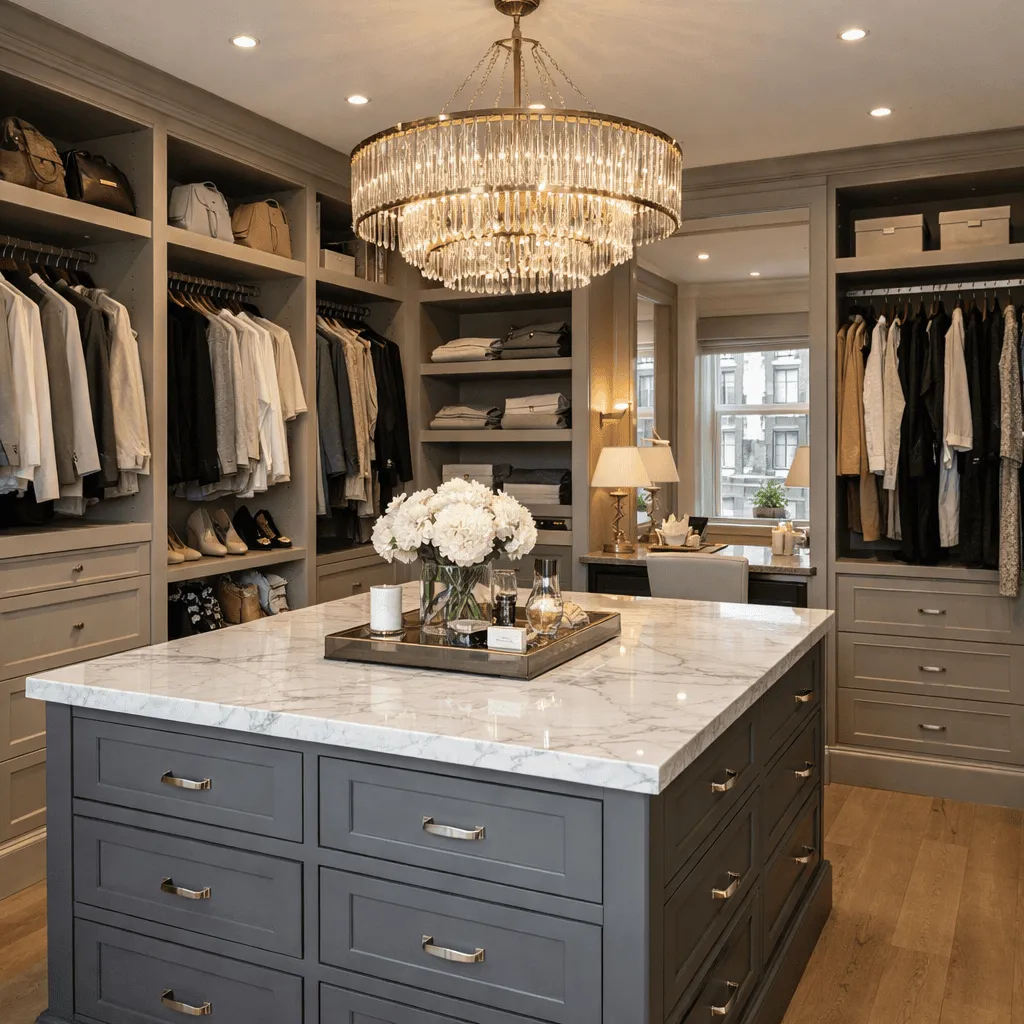 Walk-in wardrobe with an island unit, drawers, open hanging and a dressing table area by the window