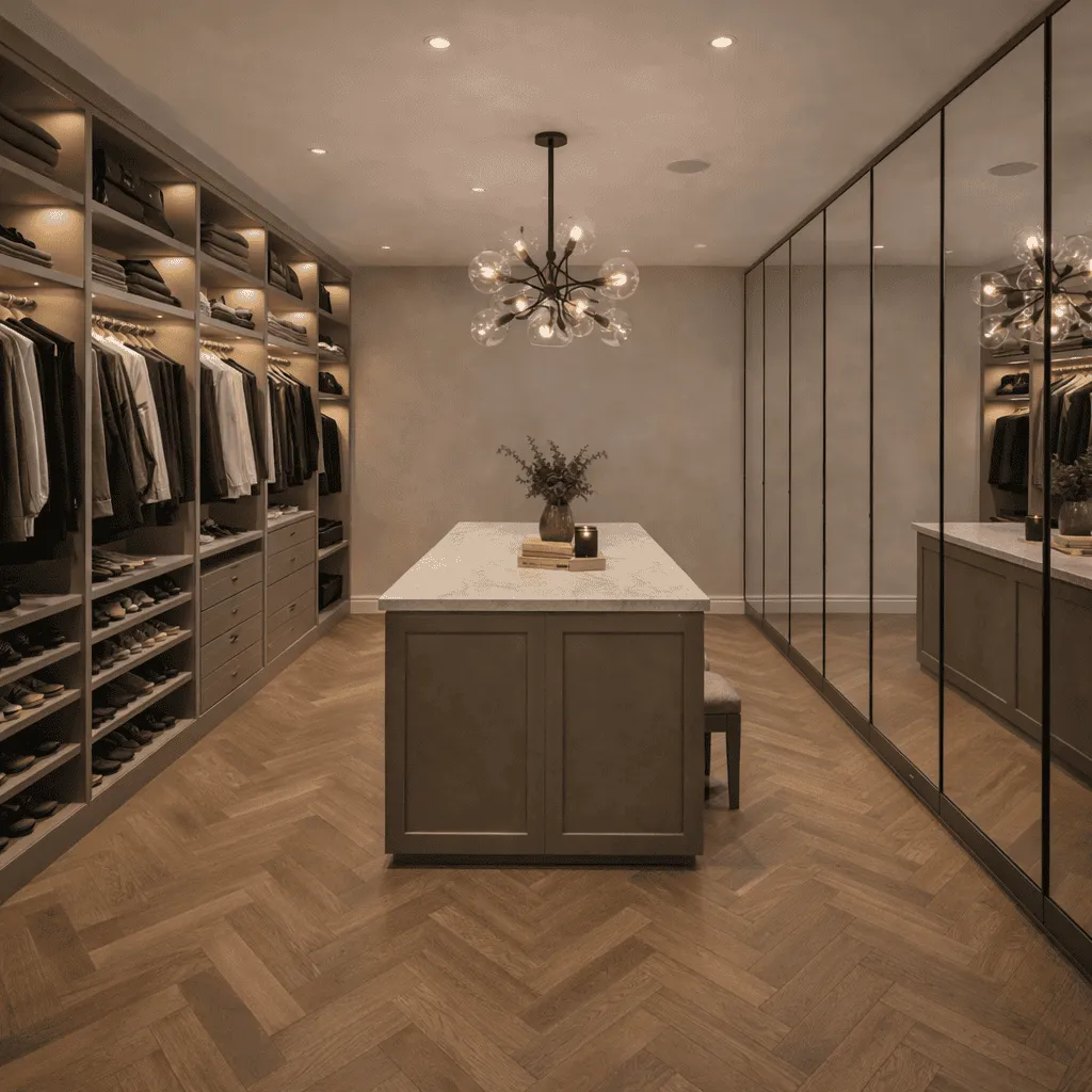 Walk-in wardrobe with shoe storage, open shelving and mirrored wardrobe panels