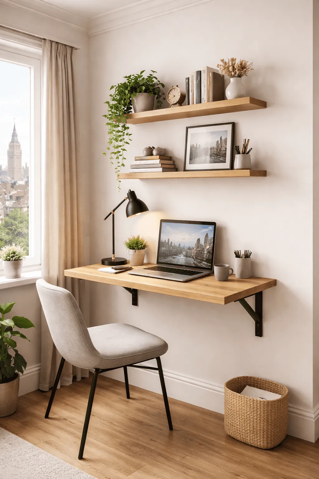Wall-mounted office desk with a fitted workspace layout