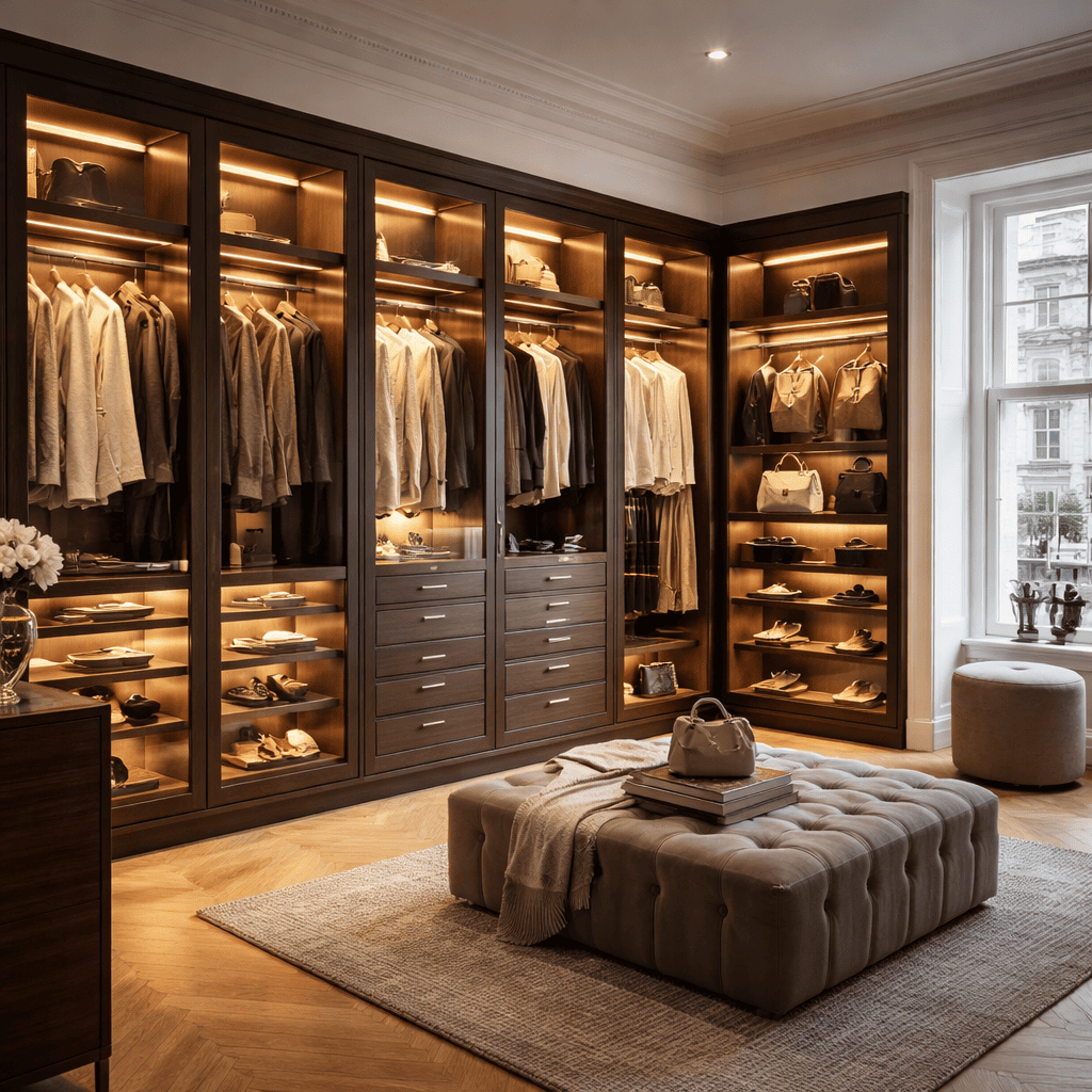 Fitted wardrobe with warm internal lighting and open hanging space