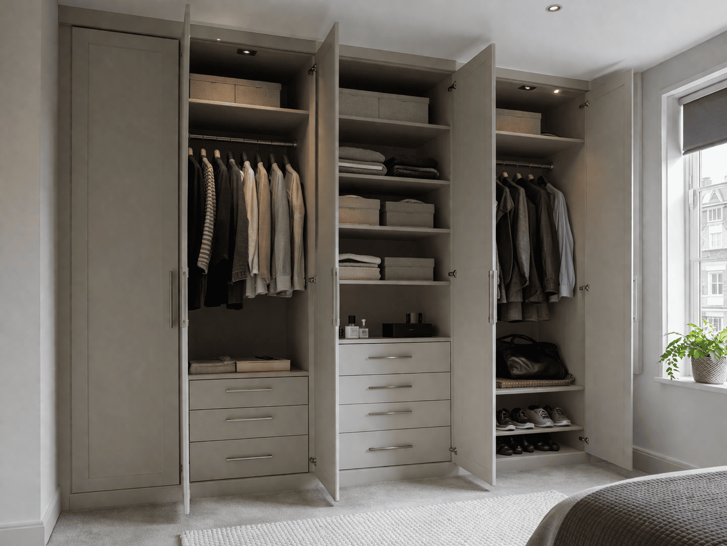 Wardrobe interior with drawers, shelves and hanging zones