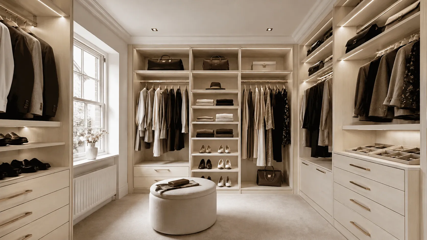 Warm ivory walk-in wardrobe finish sample with fitted storage