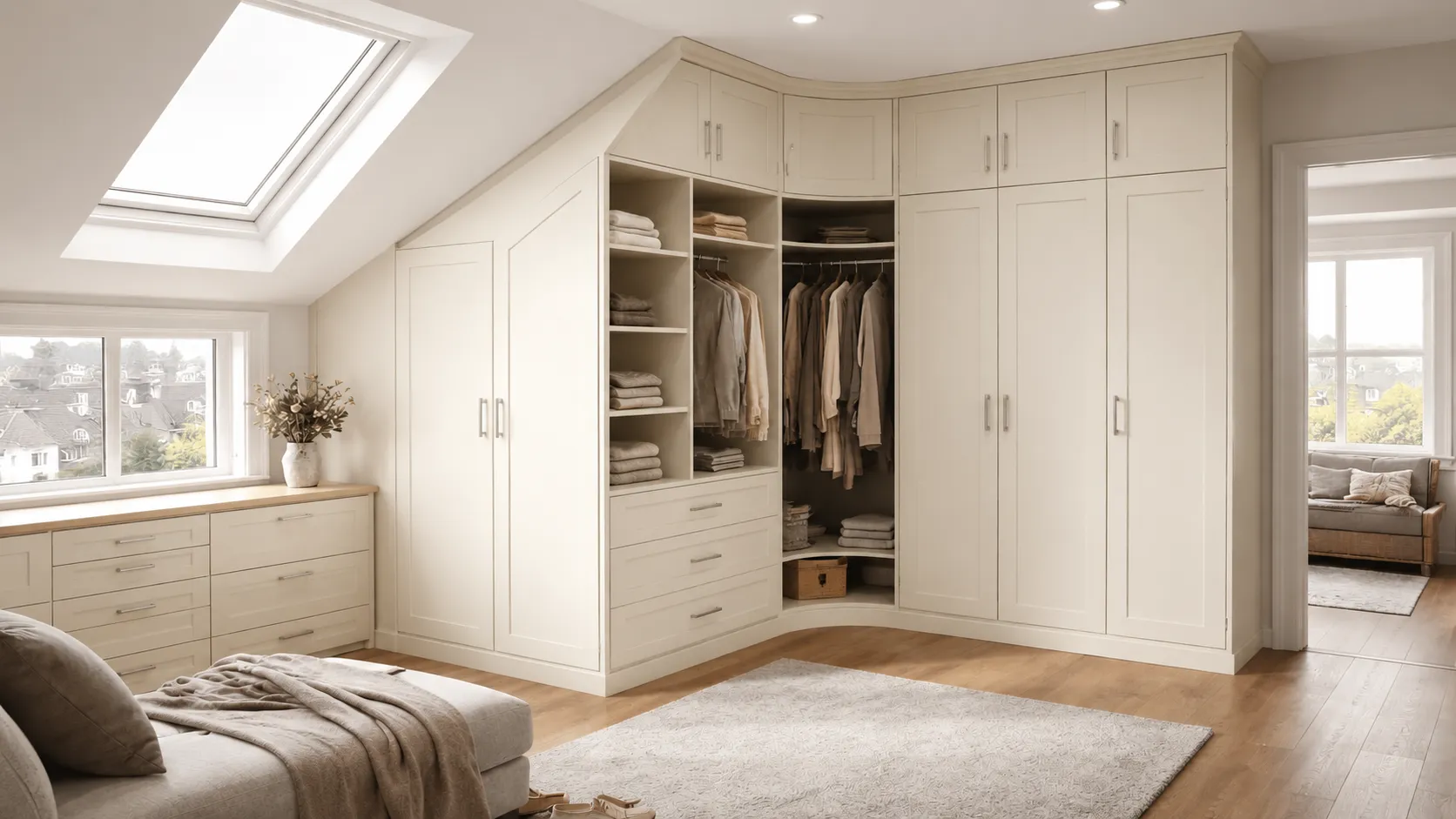 Warm ivory loft wardrobe finish sample shown on fitted cabinetry