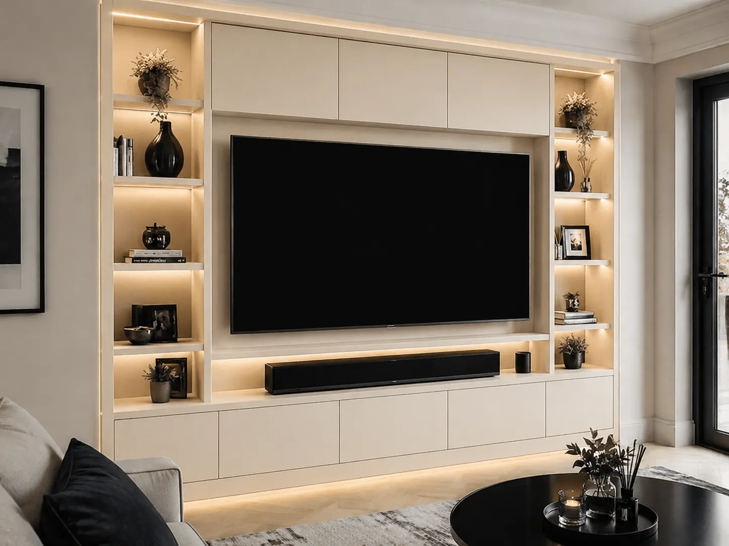 Warm ivory media wall finish shown around a television