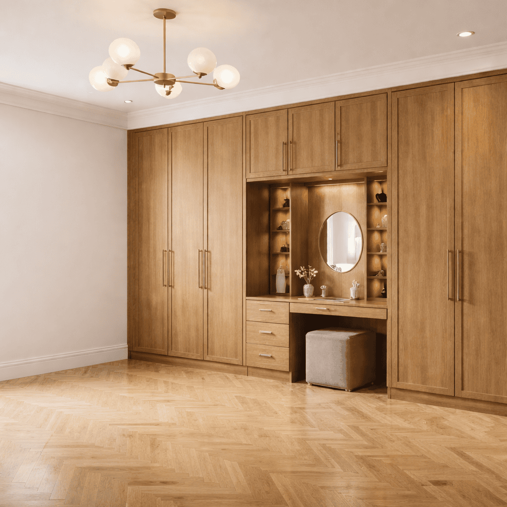 Wood finish fitted wardrobe with warm timber texture