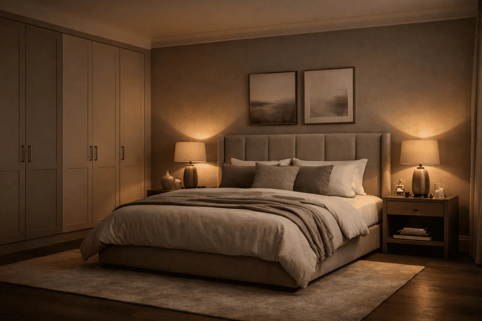 Fitted bedroom furniture with warm neutral cabinetry