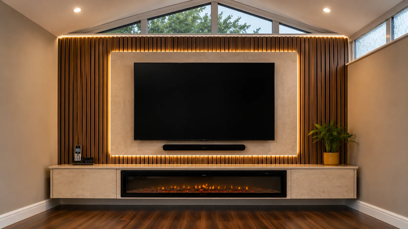 Bespoke media wall composition with a television and integrated display storage