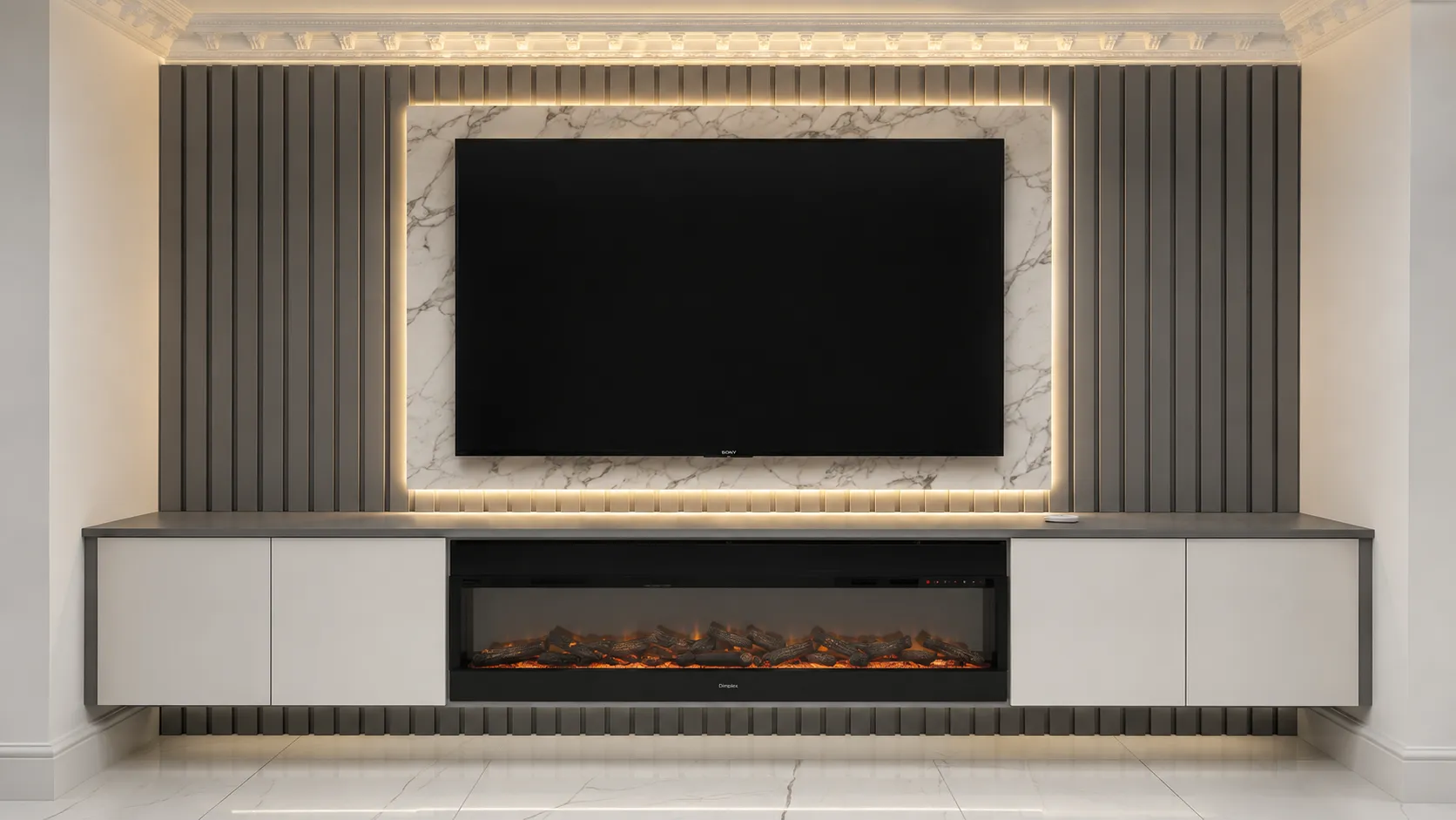 Matt media wall finish with understated cabinetry