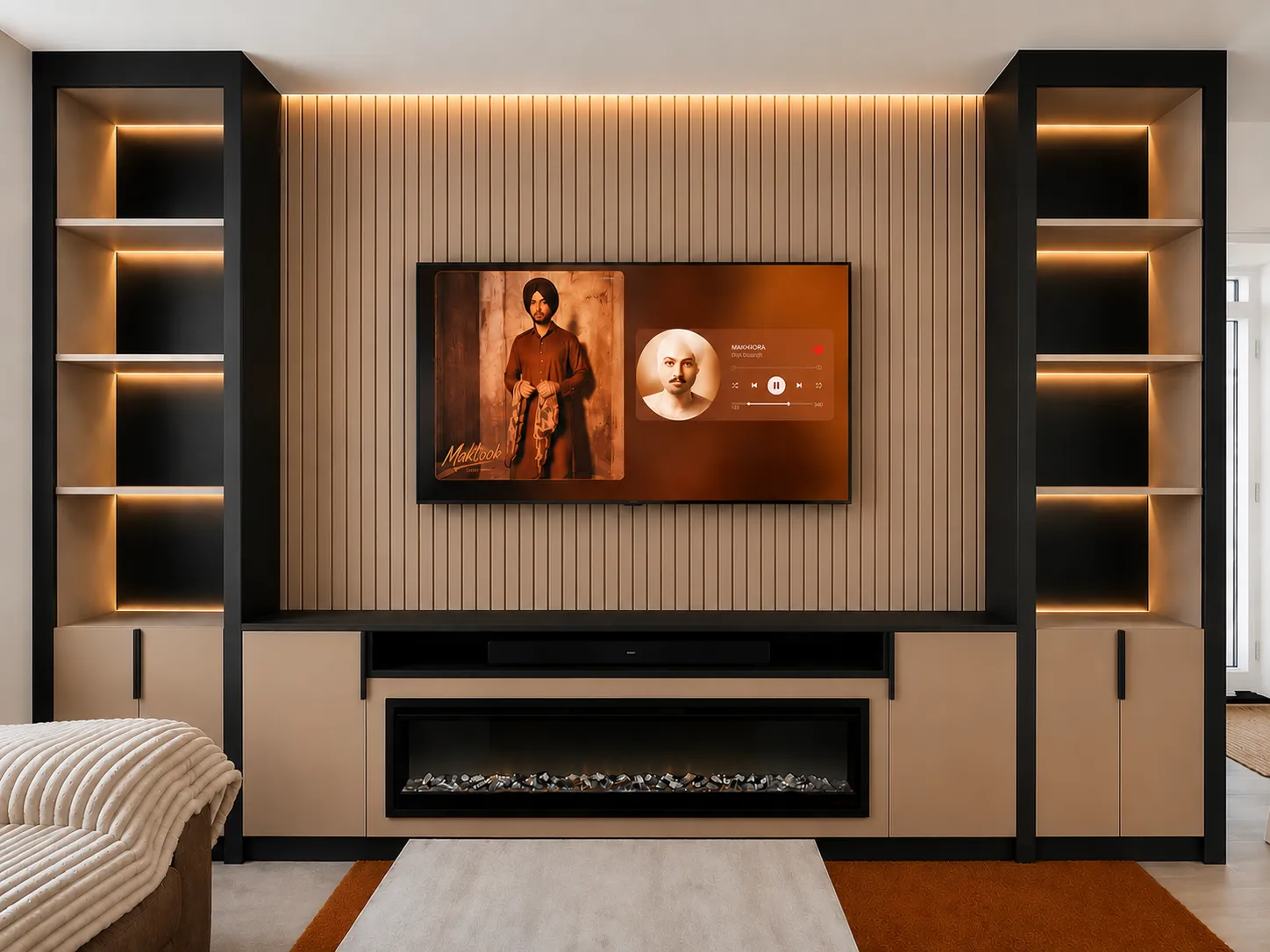 Media wall designed around a living room corner with shelving