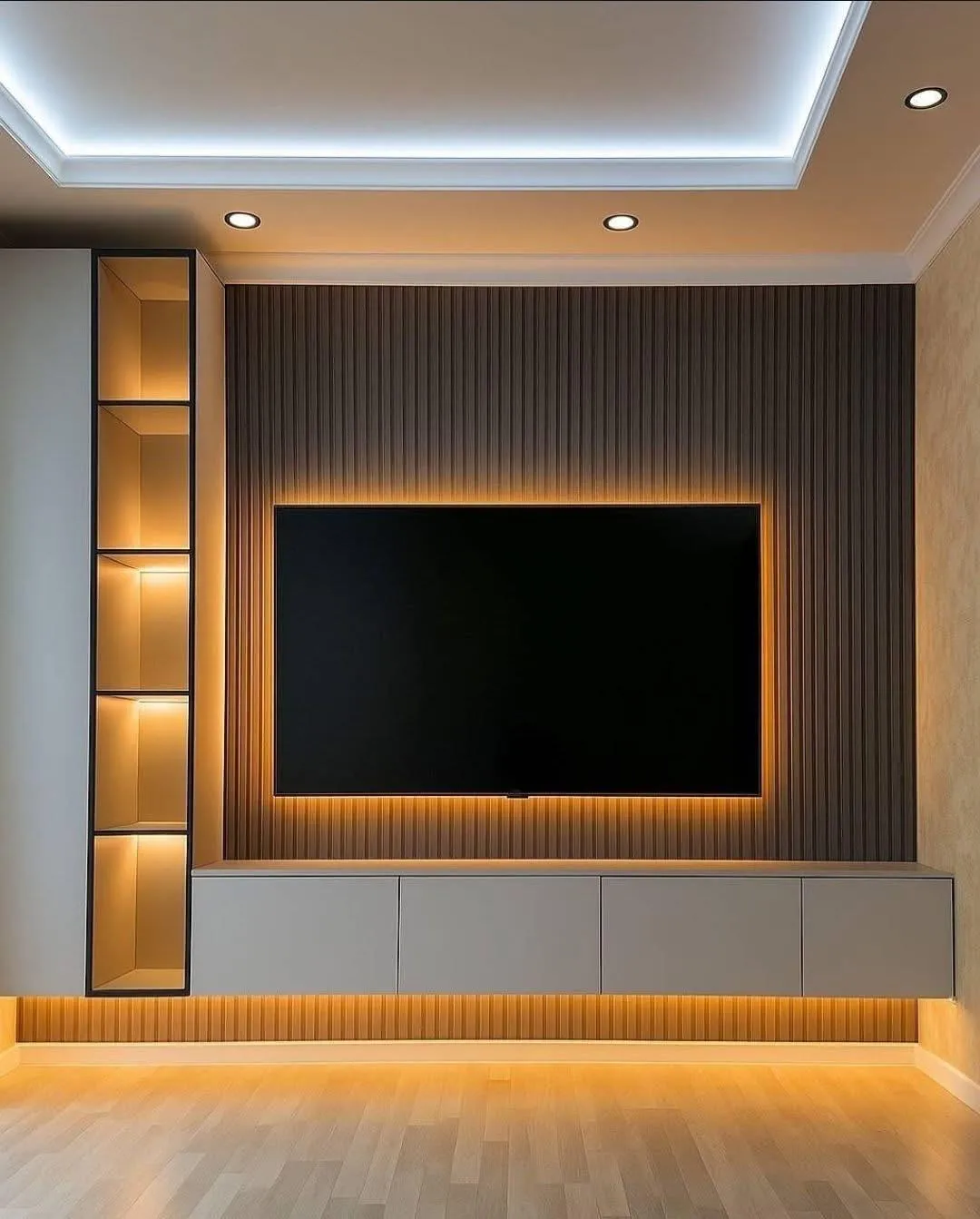 Warm neutral media wall finish with floating cabinetry