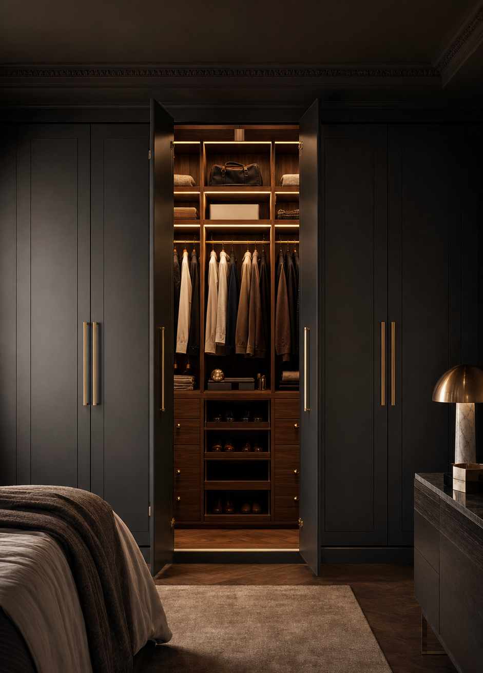 A dramatic charcoal fitted wardrobe opening onto a warmly illuminated interior