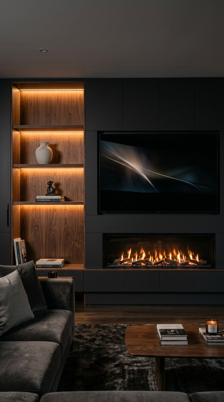 Bespoke media wall with a television, warm lighting and integrated storage