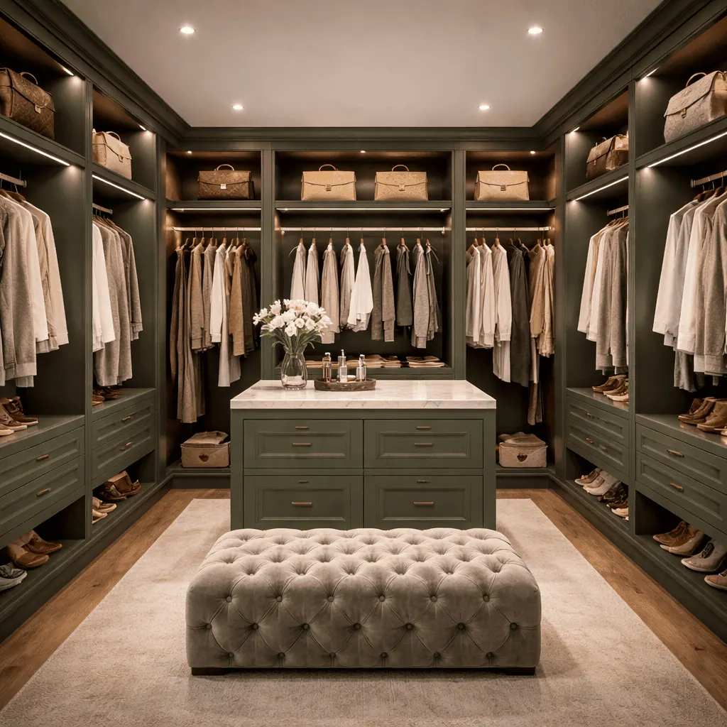 Open wardrobe interior with hanging rails and warm lighting